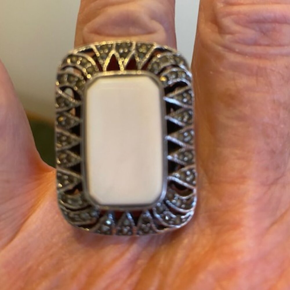 Sterling silver art deco style rectangular mother of pearl and marcasite ring